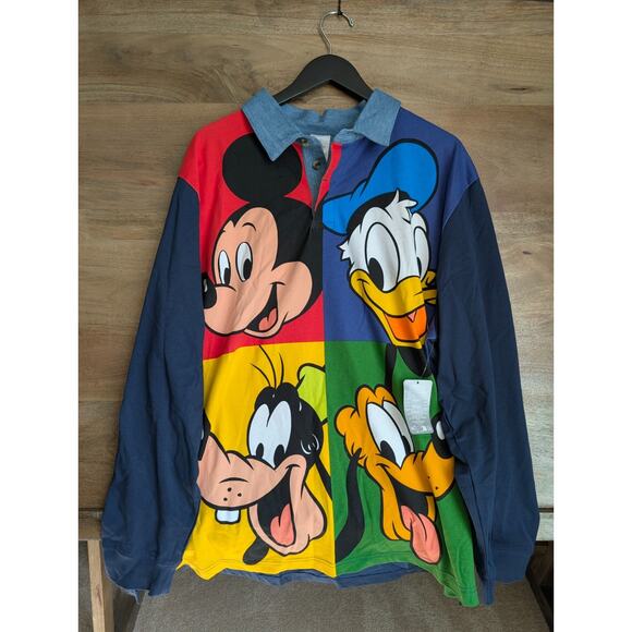 Disney Rugby Shirt Mens 2XL Navy Mickey Mouse & Friends Long Sleeve Popover NWT - Picture 1 of 4